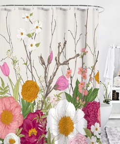 Modern Botanical Flowers and Leaves Shower Curtain for Waterproof Bathroom Decor