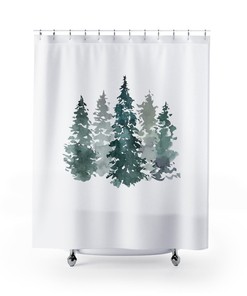 Modern Botanical and Floral Boho Shower Curtain with Forest Green Pine Trees Scene