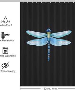 Modern Dragonfly Shower Curtain, Blue Design, Waterproof Fabric, Bathroom Decoration