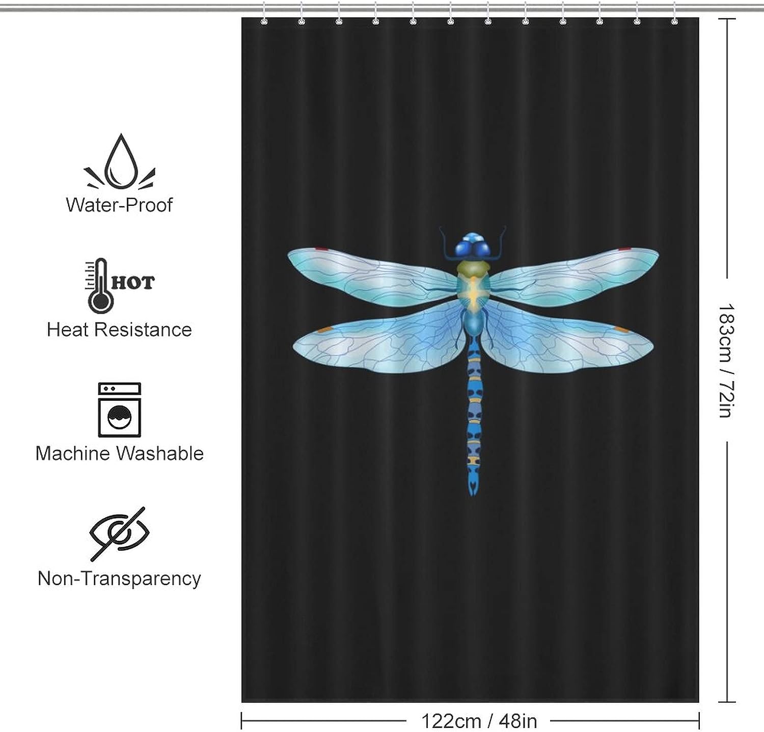 Modern Dragonfly Shower Curtain, Blue Design, Waterproof Fabric, Bathroom Decoration