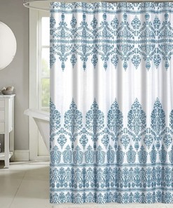 Modern Floral Damask Border Metallic Shimmer Blue and White Shower Curtain - Bathroom and Home Decor