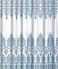 Modern Floral Damask Border Metallic Shimmer Blue and White Shower Curtain - Bathroom and Home Decor
