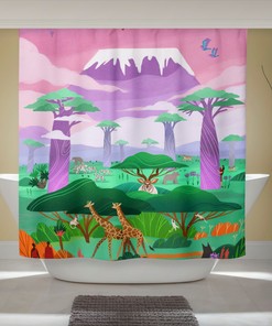Modern Forest Animal Shower Curtain with Elephant and Giraffe Design