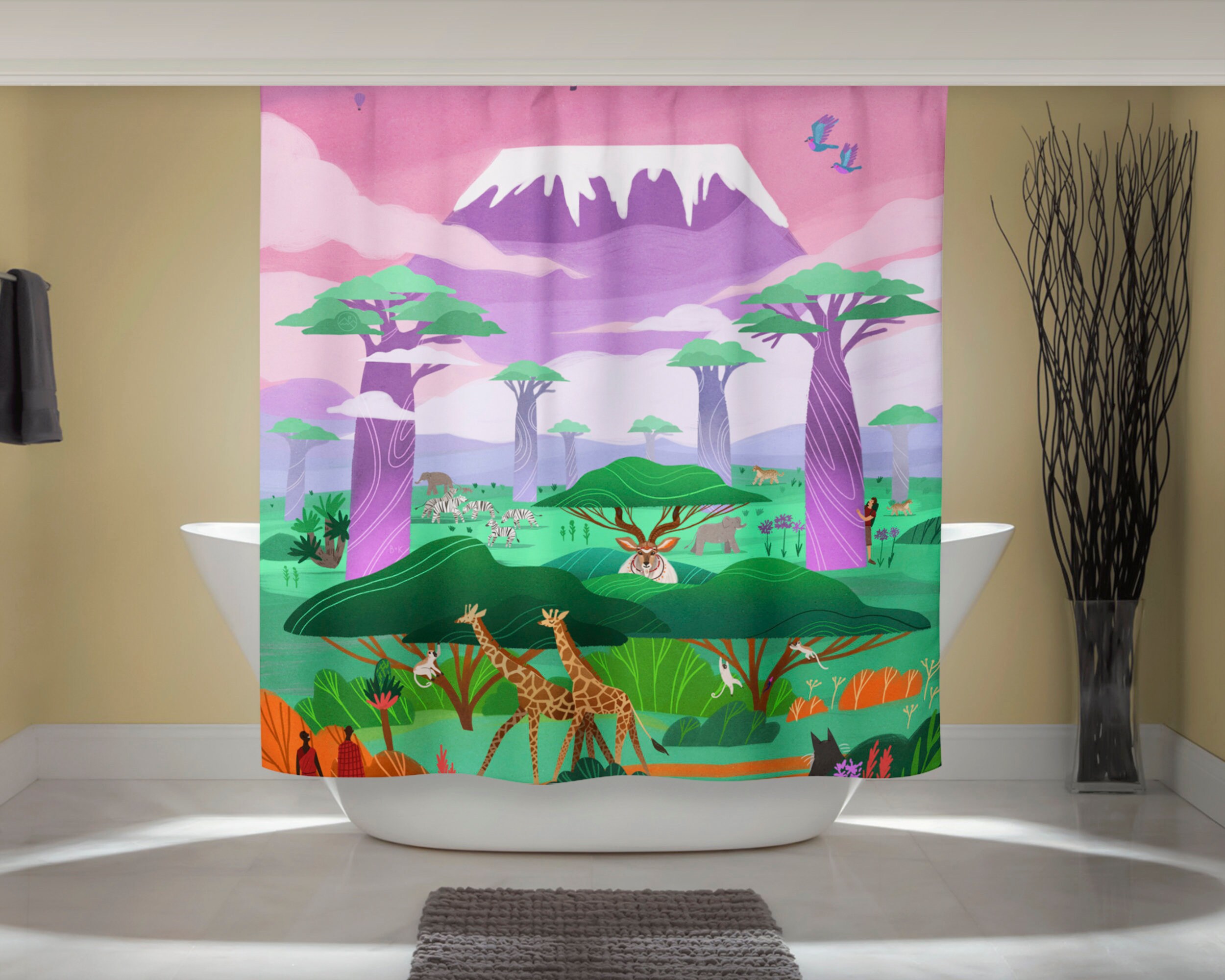 Modern Forest Animal Shower Curtain with Elephant and Giraffe Design