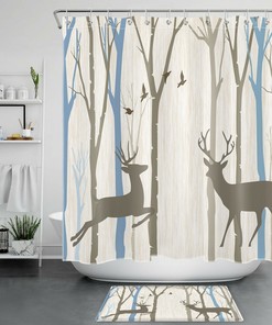 Modern Forest Elk Bird Shadow Shower Curtain for Rustic Bathroom Decor