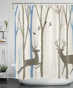 Modern Forest Elk Bird Shadow Shower Curtain for Rustic Bathroom Decor