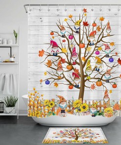 Modern Geometric Autumn Maple Leaf Pumpkin Shower Curtain for Bathroom Decor