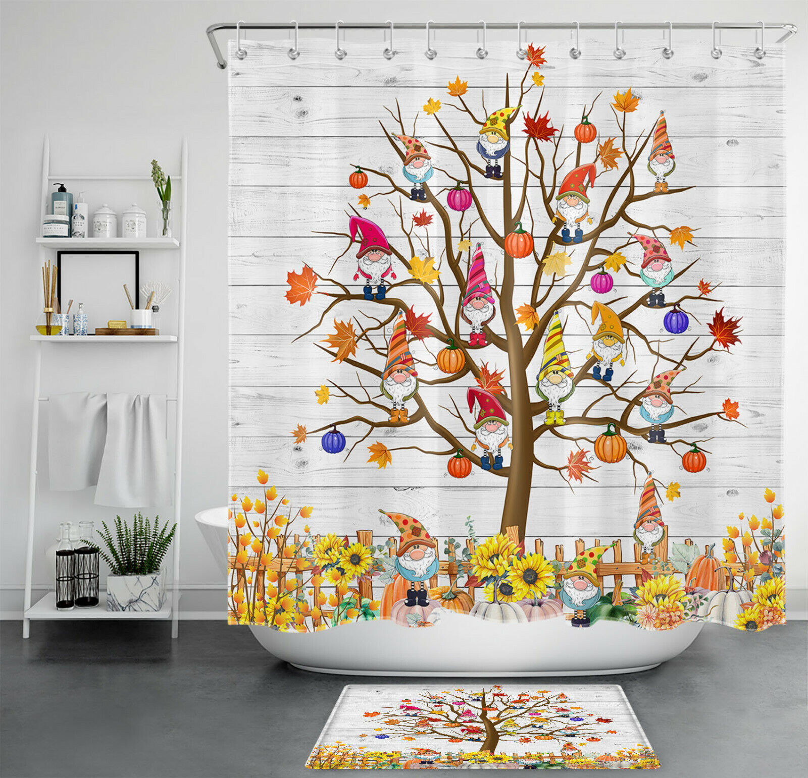 Modern Geometric Autumn Maple Leaf Pumpkin Shower Curtain for Bathroom Decor