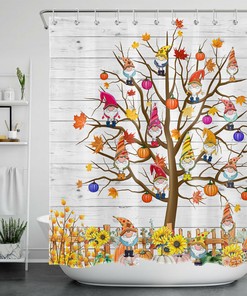 Modern Geometric Autumn Maple Leaf Pumpkin Shower Curtain for Bathroom Decor