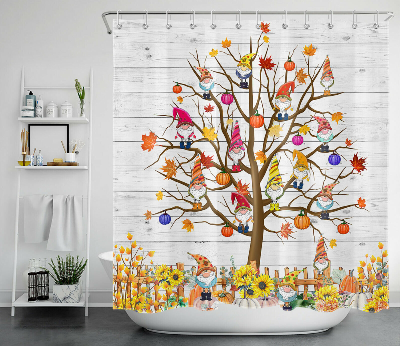 Modern Geometric Autumn Maple Leaf Pumpkin Shower Curtain for Bathroom Decor