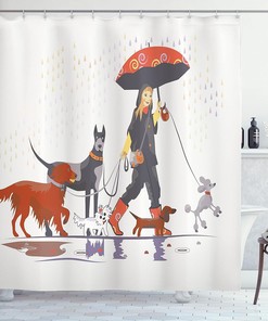 Modern Girl Dog Walk in the Rain Shower Curtain, Cloth Bathroom Decor