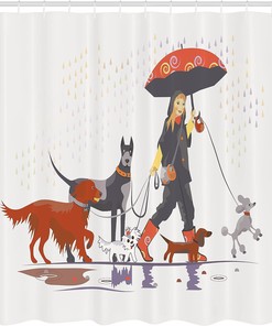 Modern Girl Dog Walk in the Rain Shower Curtain, Cloth Bathroom Decor