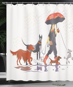 Modern Girl Dog Walk in the Rain Shower Curtain, Cloth Bathroom Decor