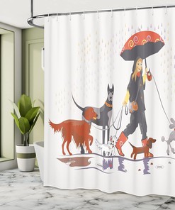 Modern Girl Dog Walk in the Rain Shower Curtain, Cloth Bathroom Decor