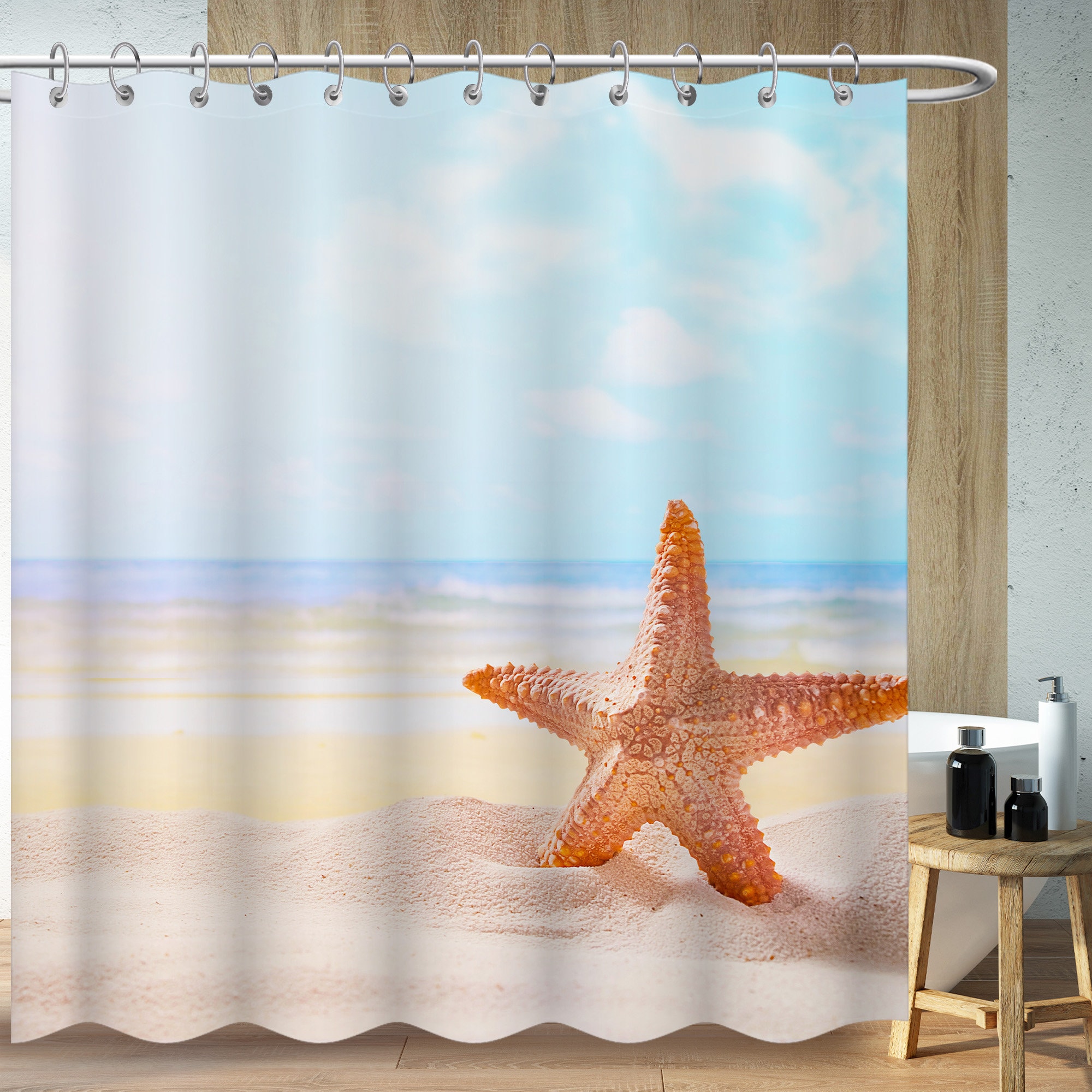 Modern Minimalist Beach Life Shower Curtain with Starfish Design