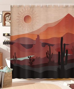 Modern Southwestern Mountain Shower Curtain, Retro Arizona Desert Sunset Bath Curtain