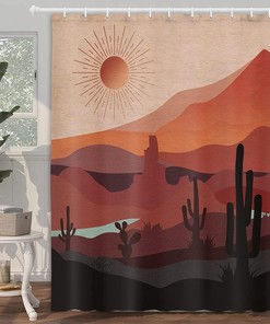 Modern Southwestern Mountain Shower Curtain, Retro Arizona Desert Sunset Bath Curtain