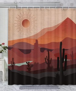 Modern Southwestern Mountain Shower Curtain, Retro Arizona Desert Sunset Bath Curtain