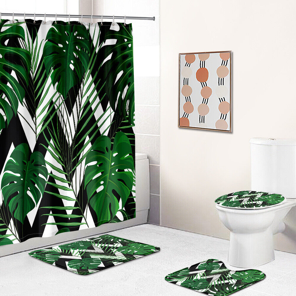 Modern Stripes Print Shower Curtain with Artistic Palm Leaves