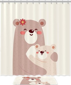 Mom Hugging Cub Waterproof Shower Curtain with Bear Illustration for Bathroom
