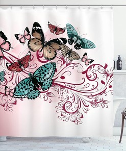 Monarch Butterfly Damask Shower Curtain, Vintage Inspired Design Bathroom Decor, Blush Raspberry, 84 Long Extra