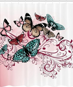 Monarch Butterfly Damask Shower Curtain, Vintage Inspired Design Bathroom Decor, Blush Raspberry, 84 Long Extra