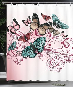 Monarch Butterfly Damask Shower Curtain, Vintage Inspired Design Bathroom Decor, Blush Raspberry, 84 Long Extra