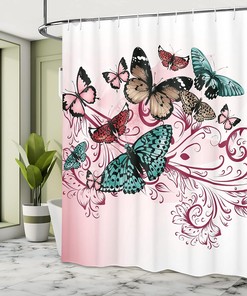Monarch Butterfly Damask Shower Curtain, Vintage Inspired Design Bathroom Decor, Blush Raspberry, 84 Long Extra