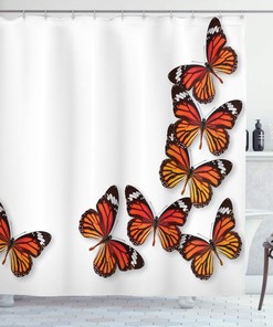 Monarch Butterfly Shower Curtain, Exotic Insect Frame Print for Bathroom Decor, Dark Brown Marigold