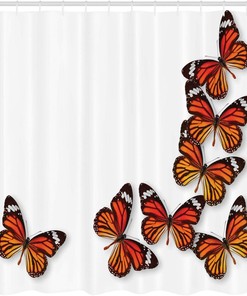 Monarch Butterfly Shower Curtain, Exotic Insect Frame Print for Bathroom Decor, Dark Brown Marigold