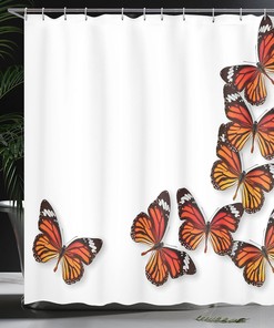 Monarch Butterfly Shower Curtain, Exotic Insect Frame Print for Bathroom Decor, Dark Brown Marigold