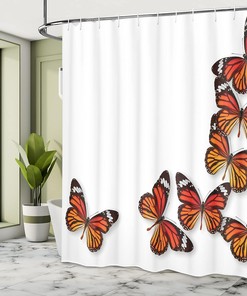 Monarch Butterfly Shower Curtain, Exotic Insect Frame Print for Bathroom Decor, Dark Brown Marigold