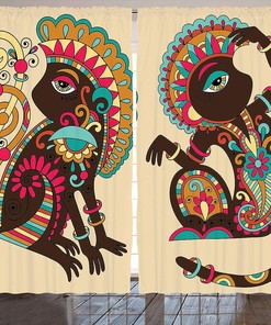 Monkey Posing Tribal Curtains, Wildlife Creatures Patterns Print, Living Room Decor