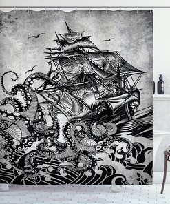 Monochromatic Kraken Octopus Nautical Shower Curtain Grey Marine Bathroom Decor