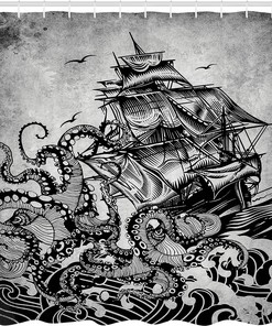 Monochromatic Kraken Octopus Nautical Shower Curtain Grey Marine Bathroom Decor