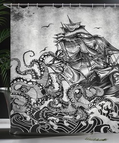 Monochromatic Kraken Octopus Nautical Shower Curtain Grey Marine Bathroom Decor