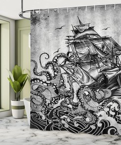 Monochromatic Kraken Octopus Nautical Shower Curtain Grey Marine Bathroom Decor