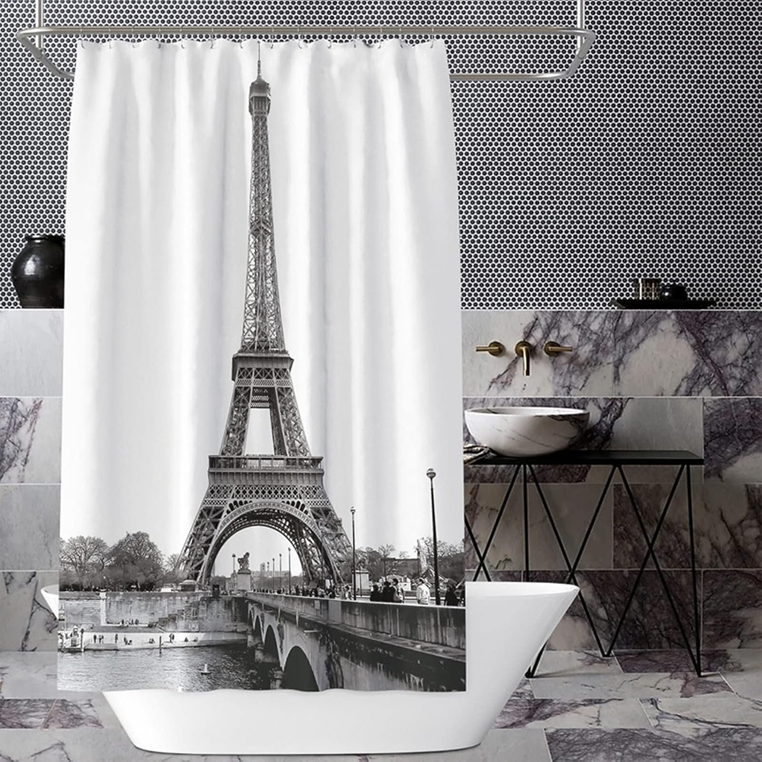 Monochrome Eiffel Tower Bathroom Shower Curtain - Waterproof Fabric