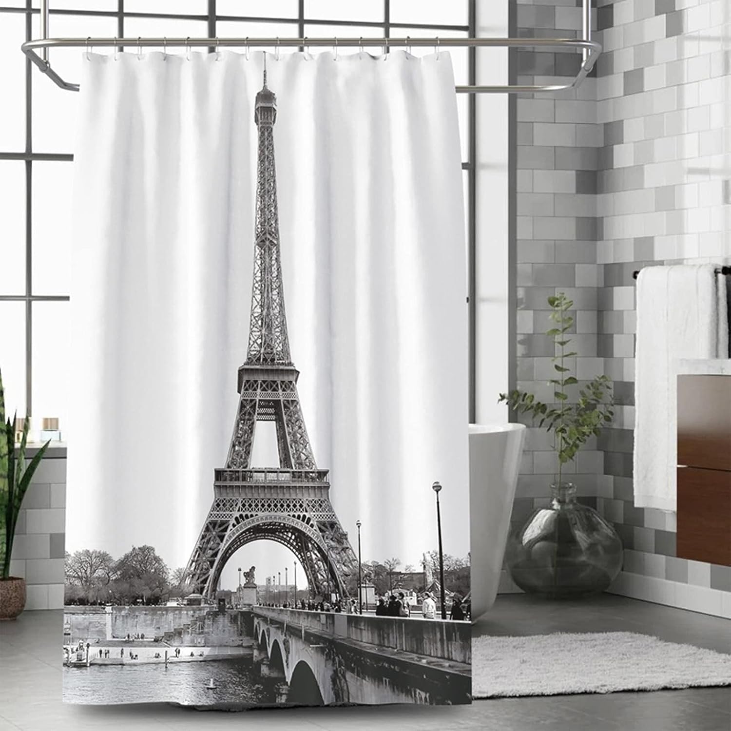 Monochrome Eiffel Tower Bathroom Shower Curtain - Waterproof Fabric