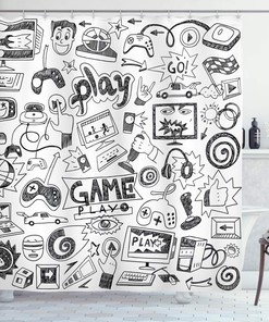 Monochrome Gaming Shower Curtain, Sketch Style Racing Monitor Teen 90's Cloth Fabric Bathroom Decor