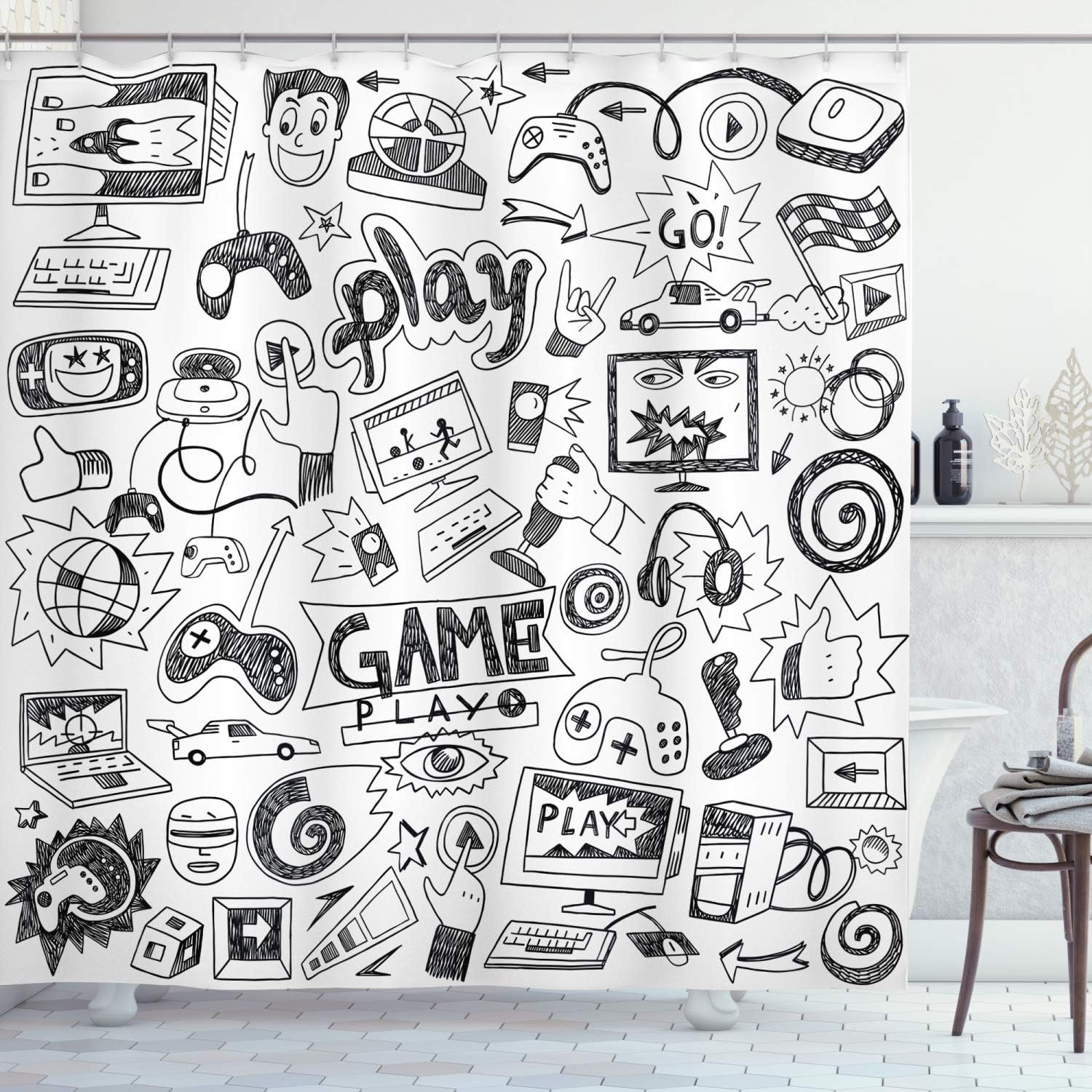 Monochrome Gaming Shower Curtain, Sketch Style Racing Monitor Teen 90's Cloth Fabric Bathroom Decor
