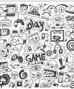Monochrome Gaming Shower Curtain, Sketch Style Racing Monitor Teen 90's Cloth Fabric Bathroom Decor
