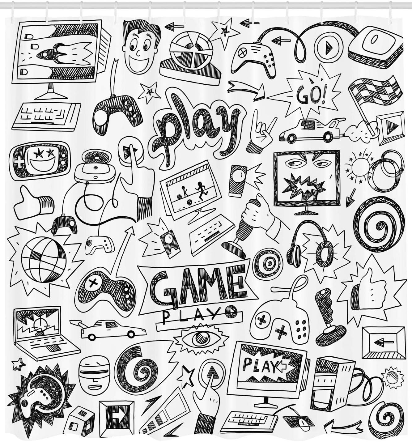 Monochrome Gaming Shower Curtain, Sketch Style Racing Monitor Teen 90's Cloth Fabric Bathroom Decor