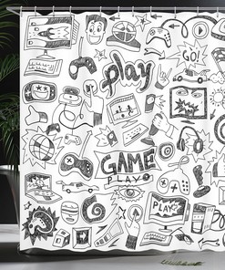Monochrome Gaming Shower Curtain, Sketch Style Racing Monitor Teen 90's Cloth Fabric Bathroom Decor