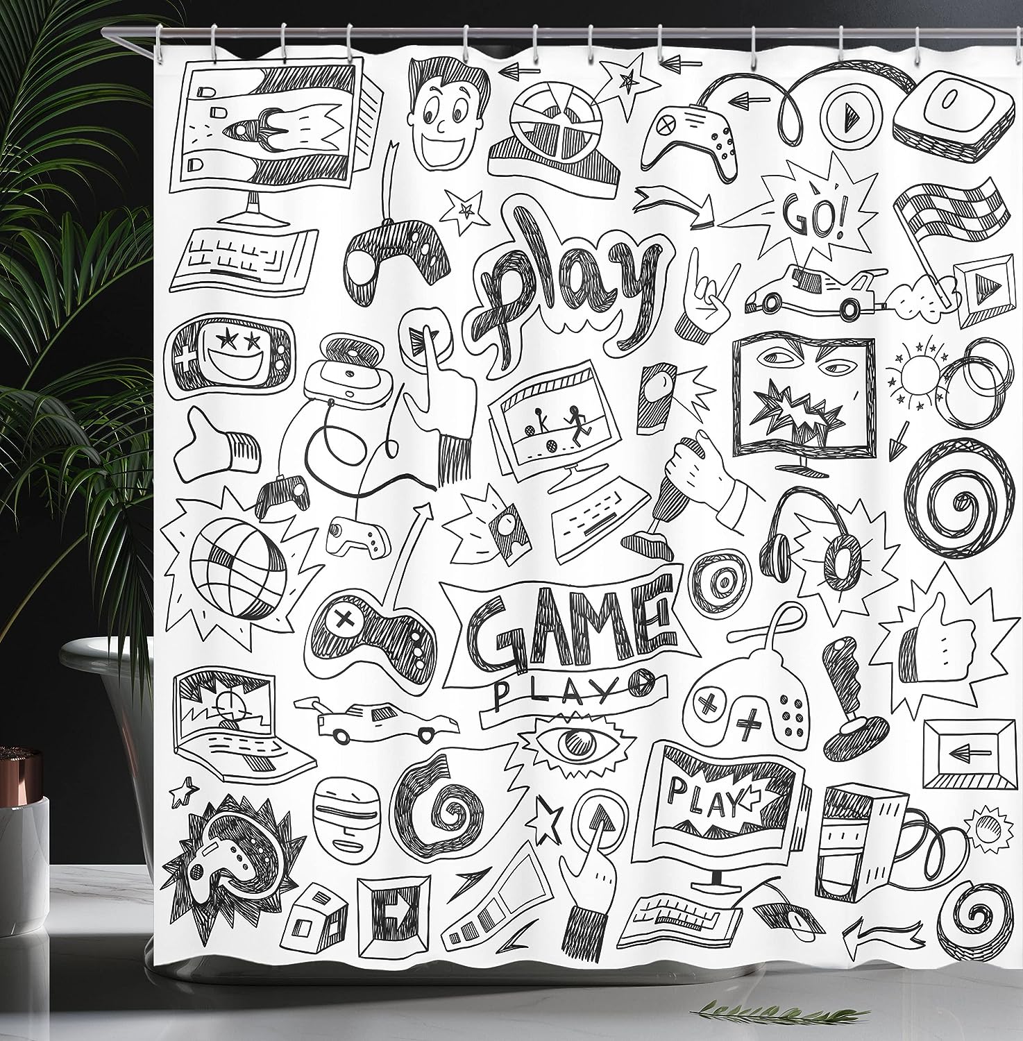 Monochrome Gaming Shower Curtain, Sketch Style Racing Monitor Teen 90's Cloth Fabric Bathroom Decor