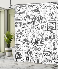 Monochrome Gaming Shower Curtain, Sketch Style Racing Monitor Teen 90's Cloth Fabric Bathroom Decor