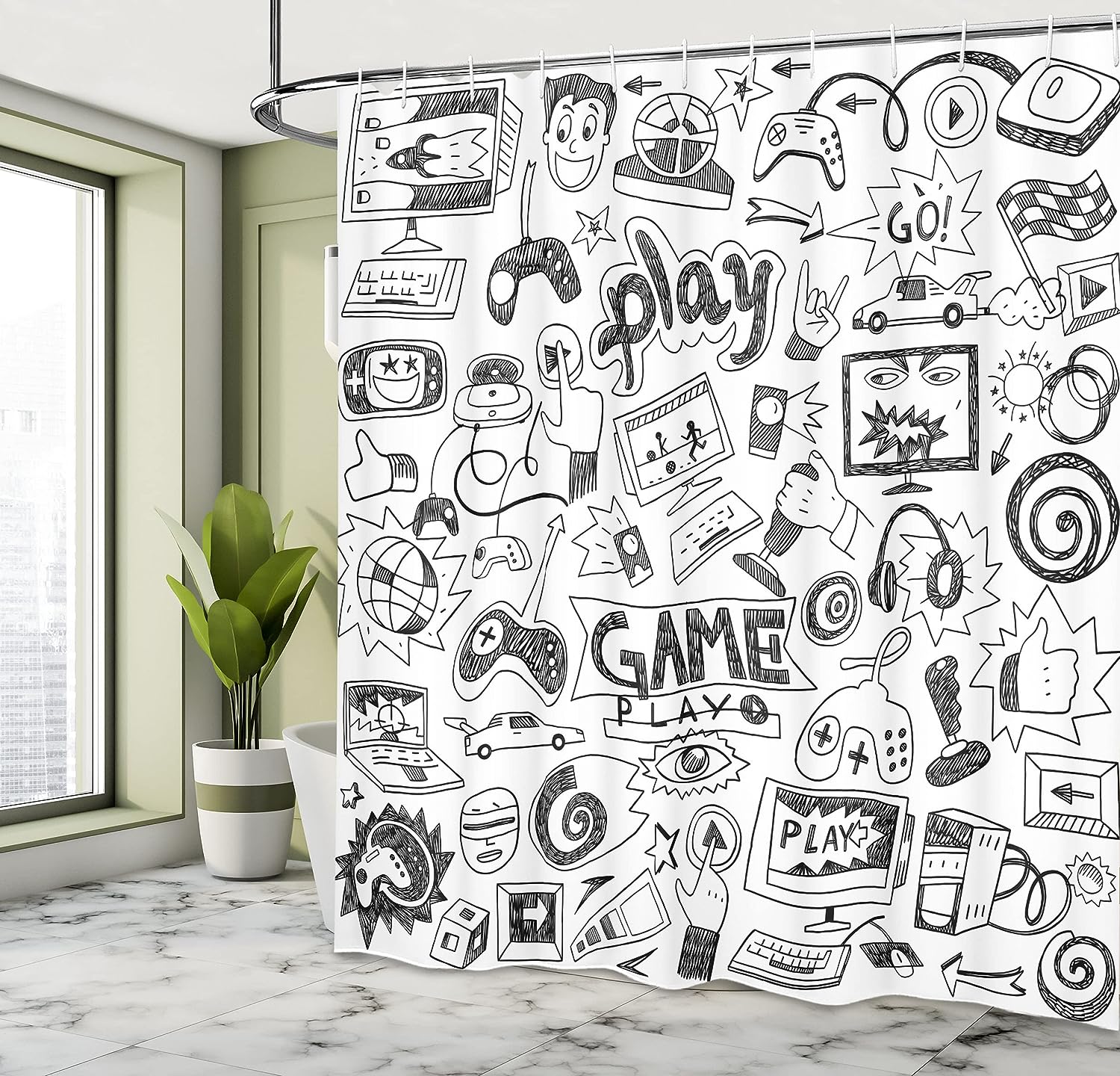 Monochrome Gaming Shower Curtain, Sketch Style Racing Monitor Teen 90's Cloth Fabric Bathroom Decor