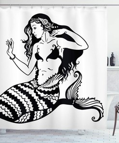 Monochrome Mermaid Shower Curtain, Mythological Young Girl Fish Tail Classic Style Art, Underwater Bathroom Decor