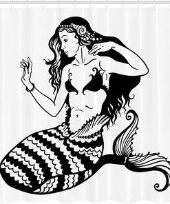 Monochrome Mermaid Shower Curtain, Mythological Young Girl Fish Tail Classic Style Art, Underwater Bathroom Decor