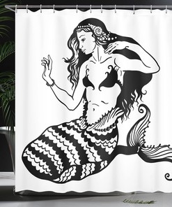 Monochrome Mermaid Shower Curtain, Mythological Young Girl Fish Tail Classic Style Art, Underwater Bathroom Decor